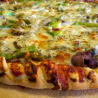 Chicago-Style Italian Beef Pizza (Award-Winning) · Premium, tender Italian beef with fresh green peppers and onions topped with hot giardiniera...