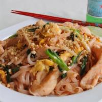 Pad Thai (Spicy) · Rice noodles stir-fried with bean sprouts, egg, scallions, spicy Thai sauce and your choice ...