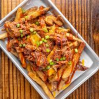 Bbq Fries · Ray Ray's pulled pork, cheddar cheese, city sauce, and green onion.