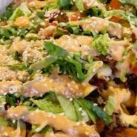 Double Bacon Cheeseburger Fries · Cheese sauce, ground beef, bacon, lettuce, tomato, onion, pickle, sesame seeds, and special ...