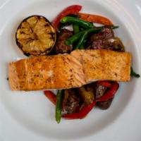 Pan Seared Salmon* · Gluten free. Roasted red potatoes, green beans, mushrooms, roasted red peppers caramelized o...