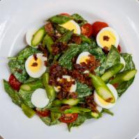 Bacon & Egg Spinach · Gluten free. Fresh baby spinach, asparagus, cherry tomatoes, chopped bacon, hard-cooked egg,...