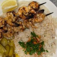 Grilled Shrimp Plate · Two skewers of grilled shrimp served with your choice of rice or fries and soup or salad. GF