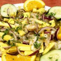 Camarones Aguachiles Mango · Raw Shrimp marinated win lime juice with spices and fresh mangoes. Very Spicy.