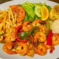 Camarones · Shrimp cooked to your style.  Served with a side of rice & beans or rice & fries, salad garn...