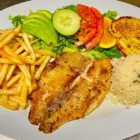 Filete De Pescado · Fish fillet cooked your style. Served with a side of rice & beans or rice & fries, salad gar...