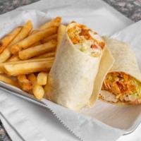 Buffalo Chicken Wrap · Crispy chicken topped with mixed cheese, tomatoes, lettuce with our tangy buffalo sauce.