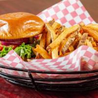 George’S Burger · Our 1/2 lb. black angus burger topped with lettuce, tomato, pickles, and onion.