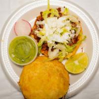 Gorditas · fried corn tortilla with beans and meat of your choice, with coriander, and onion milk cream...