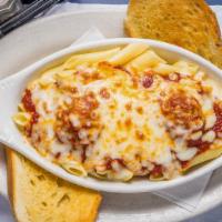 Baked Penne · Penne pasta tossed in our red sauce, covered with mozzarella cheese and baked golden brown.