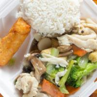 Chicken With Vegetables · White meat chicken sauteed with mushroom,celery,waterchestnut,carrot,broccoli,snowpea and ba...