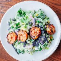 Grilled Shrimp Chopped Salad · grilled shrimp, mixed greens, corn, jicama, cucumber, avocado, tortilla strips, cotija, spic...