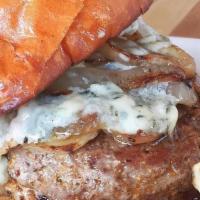 Bad Breath Burger · Cajun-spiced beef patty, caramelized onion, gorgonzola, roasted garlic aioli