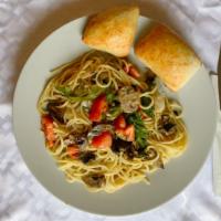 Vegetables & Olive Oil · Our pasta noodles served with onions, green peppers, roma tomatoes and mushrooms cooked in e...
