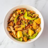 Teriyaki Bowl · Your choice of protein with carrots, green onions, mushrooms, green bell peppers, pineapple ...