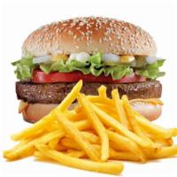 Regular Cheese Burger & Fries · Ground beef on a bun with mayonnaise, lettuce, tomatoes, onions, and french fries.