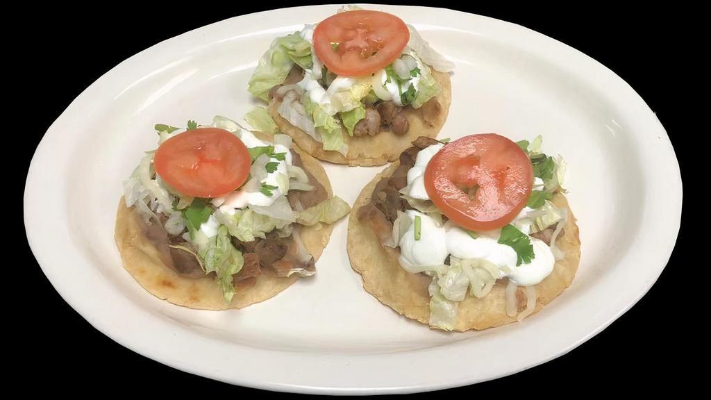 (3) Sopes · (3) Sopes 
with beans, lettuce, sliced tomatoe, 
        cheese, and choice: meat