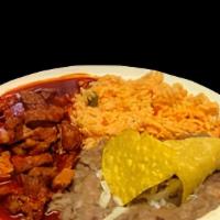 Guisado De Puerco  · Guisado de Puerco 
side: rice, beans with light cheese 
on top choice: red or green sauce
ch...