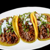 3) Classic Campechanos Tacos · Comes with Steak and Mexican Chorizo  cilantro, onion. Side: lime, 
radish, and cucumber.