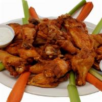 24Pcs Chicken Wings & French Fries · Choice of BBQ or buffalo sauce. Comes with carrots, celery, ranch dip, and french fries.