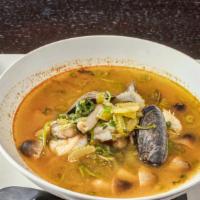 Seafood Tom Yum · Shrimp, fish, mussels, tomato, and mushroom in spicy citrus broth.