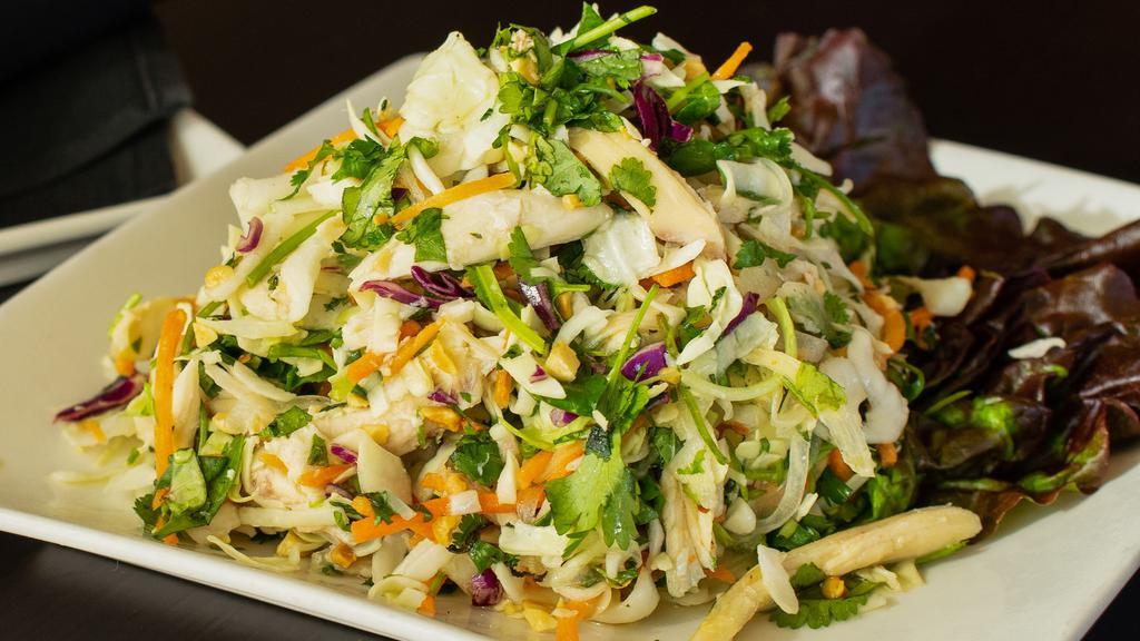 Vietnamese Chicken Salad · Poached chicken breast with cabbage, carrot, mint, cilantro, and sweet chili-lime dressing. Topped with roasted peanuts.