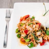 Thai Sweet Basil · Ground chicken, fresh basil, garlic, onion, bell pepper, and chili.