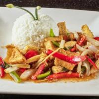 Ginger Garlic Stir-Fry · Baby corn, onion, and bell peppers.
