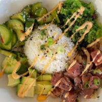 Poke Bowl · Ahi Tuna with avocado, seaweed, house made cucumber salad, rice & Sriracha Aioli