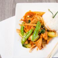 Cambodian Stir-Fry · Carrot, snow pea, baby corn, yellow onion, bok choy, and oyster crab sauce.