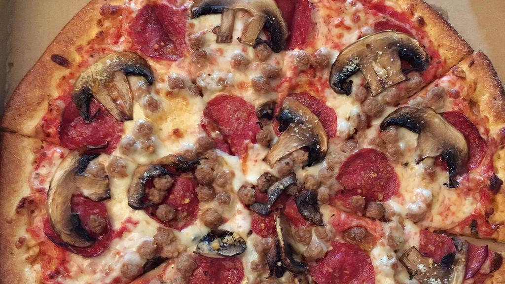 Classic Pizza (Small) · Pepperoni, sausage, mushrooms, parmesan cheese, provolone and mozzarella cheese.