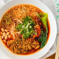 Szechuan Noodle · Spicy beef broth, fried ground pork, soybeans, ground garlic, peanuts, preserved szechuan pi...