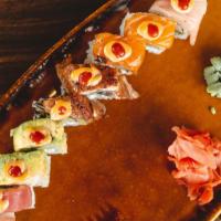 Rainbow · Tempura Shrimp, Crab Salad, Asparagus, topped w/ Ahi Tuna, Yellowtail, Salmon, Eel, Avocado