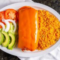 Chimichanga · Fried rolled flour tortilla topped with its special yellow cheese sauce, stuffed with beans,...