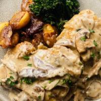 Chicken Marsala · Roasted Chicken Thighs, Woodland Mushrooms, Marsala Wine Sauce, Broccolini & Roasted Potatoes