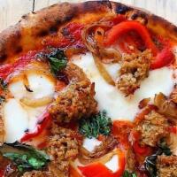 Sausage And Pepper · Tomato Sauce, Italian Sausage, Mozzarella, Roasted Peppers, Caramelized Onions, Fresh Basil