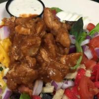 Bbq Chicken Tender Salad · Mixed greens, fried chicken tenderloins in our house made BBQ sauce, boiled eggs, cheddar ja...