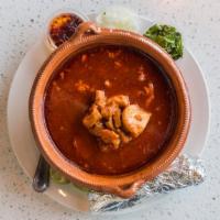 Menudo Soup · Beef tripe soup with a red chili pepper base.