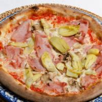 Pizza Capricciosa · Mozzarella, Mushroom, Artichoke, Ham, San Marzano Tomato Sauce.