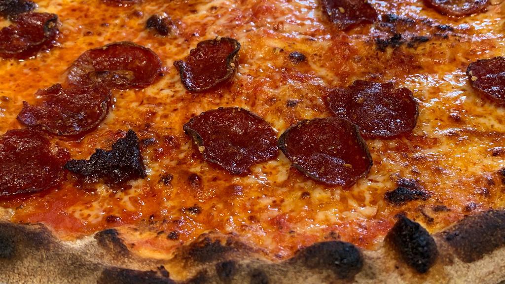Pizza Piccantissima · Mozzarella, Pepperoni, Crushed Red Pepper (Hot), Nduja, San Marzano Tomato Sauce.