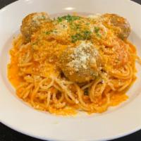Spaghetti With Homemade Beef Meatballs · Homemade beef Meatballs, Homemade Marinara Sauce,
parmesan cheese.