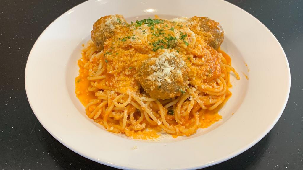 Spaghetti With Homemade Beef Meatballs · Homemade beef Meatballs, Homemade Marinara Sauce,
parmesan cheese.