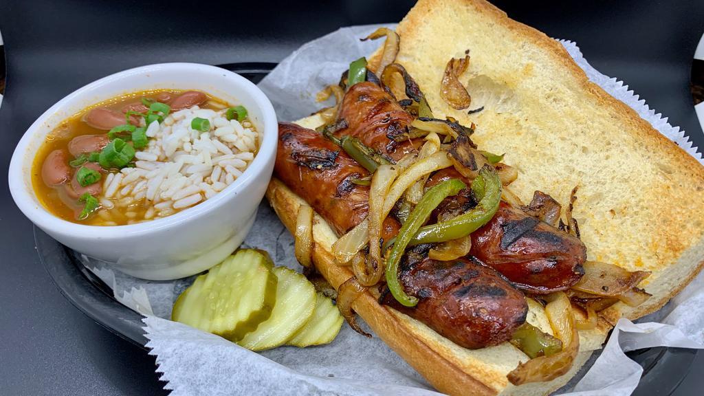 Sausage & Pepper Po'Boy · Spicy. andouille sausage grilled with peppers and onions on a bolillo roll with a spread of creole remoulade