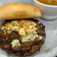 Bleu Burger · seasoned ground beef, bleu cheese crumbles, bacon apple jam