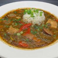Chicken & Sausage Gumbo (Large) · creole cooking at its finest begins with a deep rich roux and the holy trinity