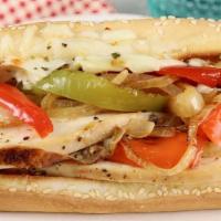 Philly Chicken · Chicken breast with sautéed onions, green peppers and mozzarella cheese on french bread.