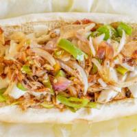 Chicken Gyro Cheesesteak · Chicken gyro slices grilled with onions and green peppers, served with mayo and lettuce on a...