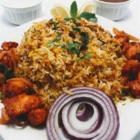 +Chicken 65 Biryani · …basmati rice cooked with boneless lamb & spices, served with raitha (contains dairy, contai...