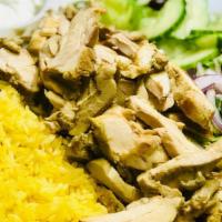 Chicken  Plate · Chcken Gyro Served over Rice with side of small Greek salad, Hummus and Pita chips
