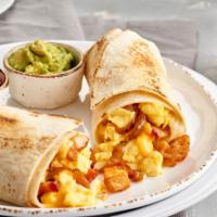 Breakfast Burrito · 950 Cal. Cage-free scrambled eggs, applewood-smoked bacon, caramelized onions, breakfast pot...